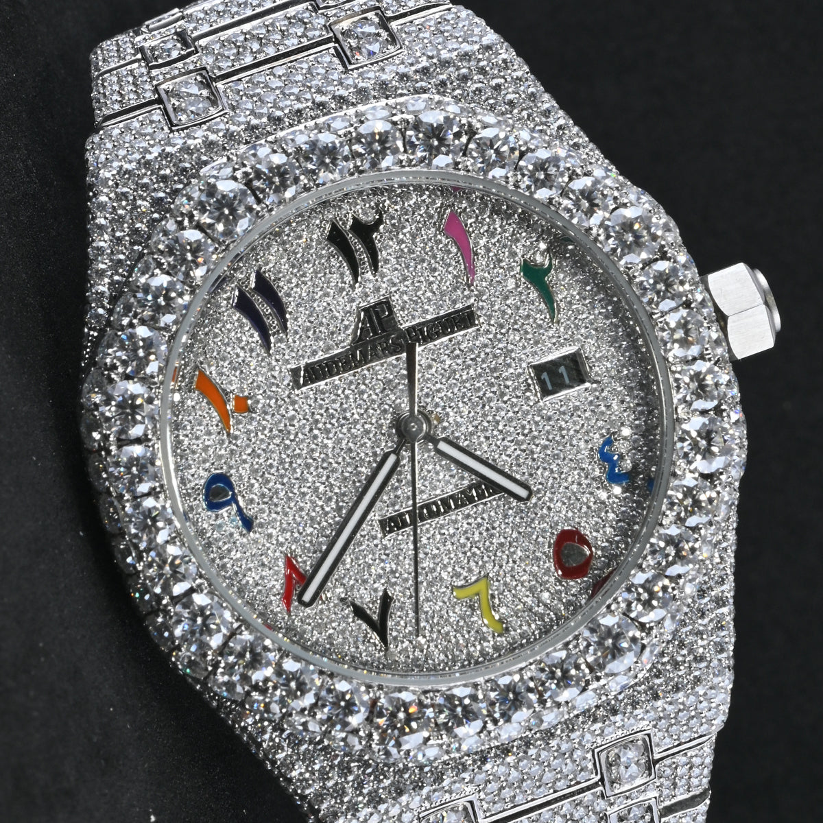 Alposh Audemars Piguet Swiss Eta Movement Full White Ice Out Moissanite Diamond Watch And Make Dail Plate In Arbic Rainbow Mina
