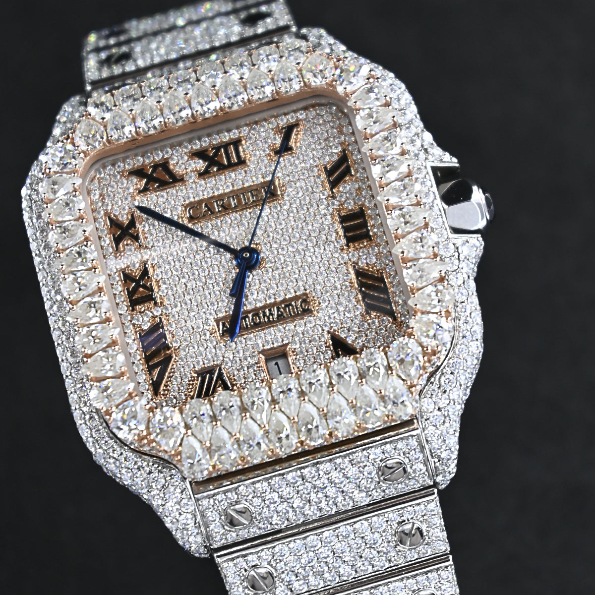 Alposh Cartier Swiss Eta Automatic Movement Full Ice Out Rose Gold Moissanite Diamond Watch And Make Heighted Bezel With Precious Stone.