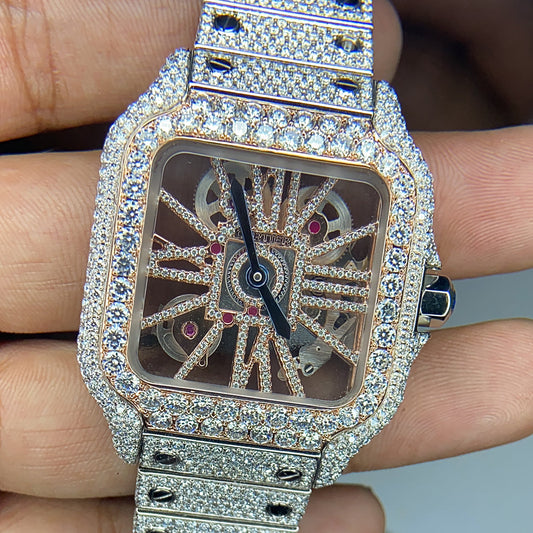 Alposh Cartier Swiss Eta Automatic Movement Full Ice Out Rose Gold Moissanite Diamond Watch