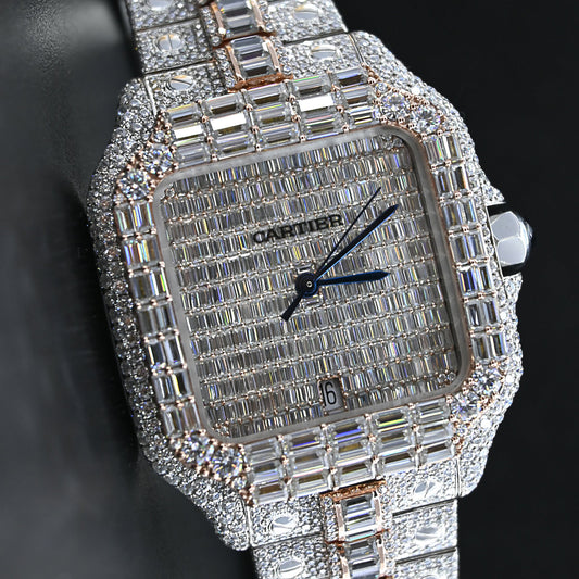 Alposh Cartier Swiss Eta  Automatic Movement Bust Down Watch, Full Ice Out White Studded With Real VVS Moissanite Diamond & Baguette Watch For Men In Rose Gold