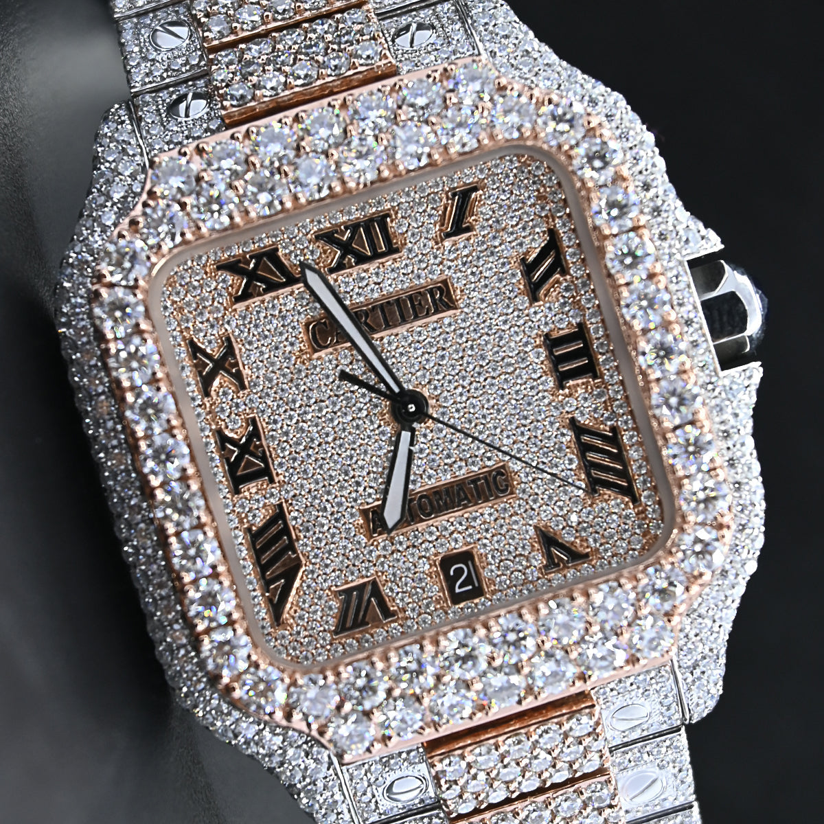 Alposh Cartier Swiss Eta Automatic Movement Full Ice Out In Rose Gold Real VVS Moissanite Diamond Watch And Heighted Middle Pieces Belt and Bezel