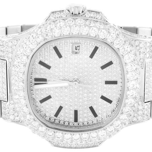 Stainless Steel Fully Iced Automatic Movement White Hip Hop Mens Watch AAA CZ Diamonds Custom Luxury Handset Free Gift Box