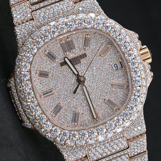 Alposh Patek Philippe Swiss Eta Automatic Movement Full Rose Gold, VVS Moissanite Diamond Watch