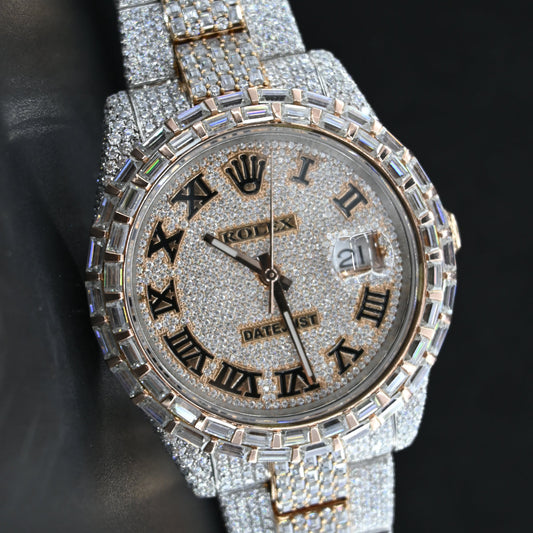 Alposh Rolex Oyster Date Just Swiss Eta Automatic Movement Two Tone Full Ice Out Make Heighted Middle Pieces Belt & Bezel With Real VVS Round Moissanite Diamonds & Baguette diamonds With Dial Plate in Roman